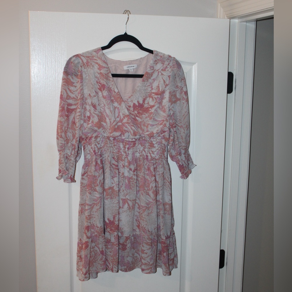 Mittoshop Pink and Gray V-Neck Sundress with Bishop Sleeves